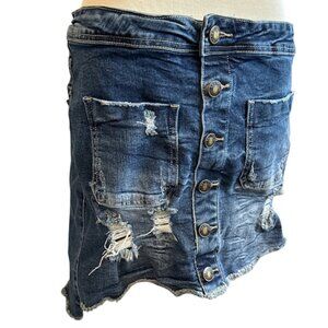 La La Anthony Distressed High Waist Denim Jean Mini Skirt